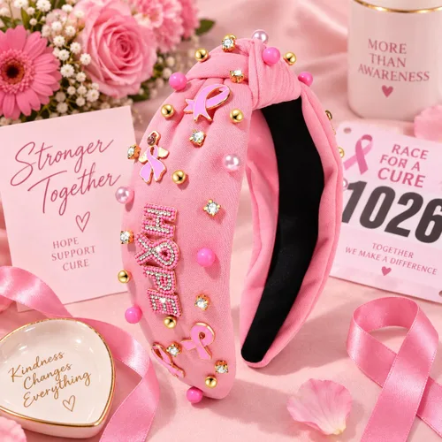 Vista 7 de Diadema rosa con lazo de esperanza de cristal y perla, diadema anudada para concientización sobre el cáncer de mama, accesorios para el cabello
