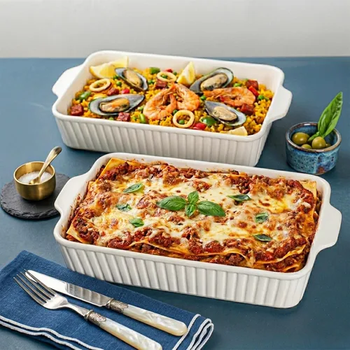 Vista 8 de Fuentes para Horno 9x13, Paquete de 2 Fuentes de Cerámica para Hornear Grandes y Profundas, 4.2 QT Juego de Fuentes con Asas, Utensilios Duraderos