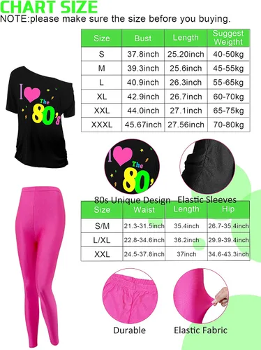 Vista 2 de Vabean Juego de 19 piezas de disfraz de los años 80, camiseta, leggings, falda tutú, diadema, collar, pulseras, aretes, guantes, calentadores
