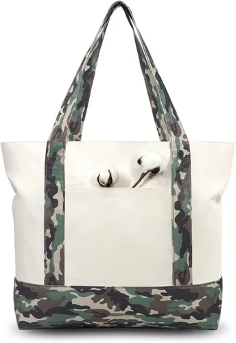 Vista 18 de TOPDesign Paquete de 1 bolsa de lona con bolsillo externo, bolsa de compras reutilizable para comestibles, cierre de cremallera superior, artículos