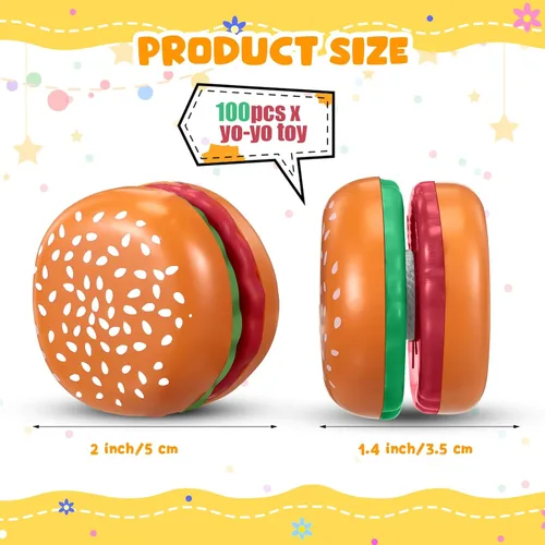 Vista 2 de Liliful 100 piezas de hamburguesas a granel Yo Yo Juguetes de plástico Burger Party Favores para niños y adultos, juguetes de cuerda