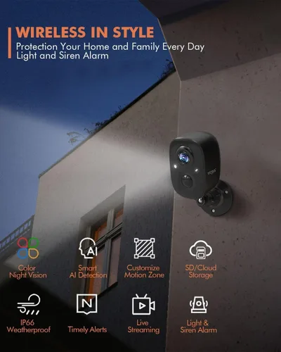 Vista 2 de Dzees Cámara de seguridad inalámbrica para exteriores - Actualización 2K 3MP batería WiFi cámara exterior inalámbrica, foco, sirena, detección