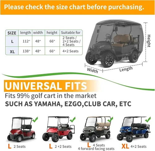 Vista 6 de 10L0L Funda para carrito de golf 650D para 2/4/6 pasajeros EZGO Club Car Negro