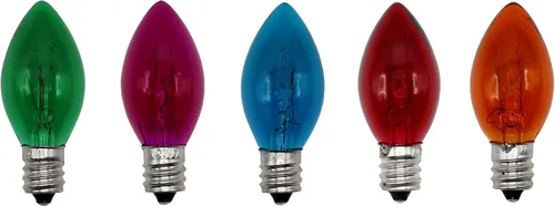 Vista 5 de Creative Hobbies Paquete de 25 bombillas de Navidad multicolor transparentes C7, incandescentes de combustión constante de 7 W, base de candelabro