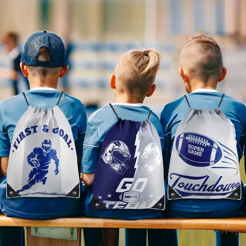 Vista 5 de Silkfly 24 mochilas con cordón para fanáticos del fútbol, bolsas con cordón para regalo de fútbol, suministros de fiesta (vaqueros), Como se muestra