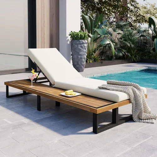 Vista 3 de Tumbona reclinable para patio al aire libre con respaldo ajustable de 5 posiciones y mesa auxiliar de madera, silla lounge para todo tipo de clima