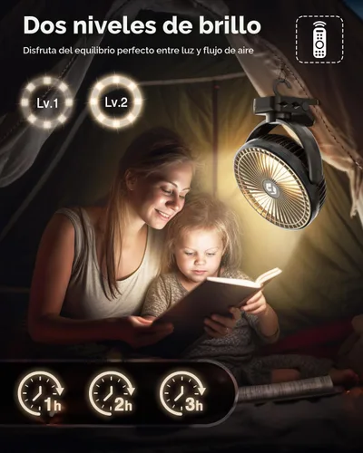 Vista 6 de FRIZCOL Ventilador portátil de 12000 mAh con clip de 8 pulgadas, recargable, funciona con pilas, ventiladores de campamento con luces y control Negro