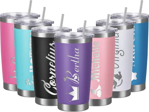 Vista 8 de Vaso personalizado con nombres, tapas y pajitas, vasos personalizados de acero inoxidable para mujeres, niños y hombres, regalo de 20 onzas, grabado
