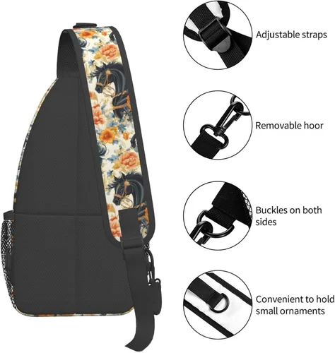Vista 3 de Small Crossbody Bags for Women Men - Vintage Flower Black Horse Print Adjustable Shoulder Bag Fanny Packs Belt Sling Bag Crossbody Purses Backpack