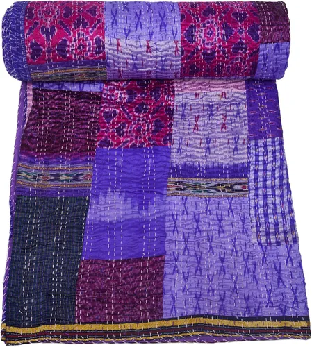 Vista 7 de Marubhumi Colcha india hecha a mano de seda india Sari Kantha acolchado patchwork (negro, individual (60 x 90 pulgadas)
