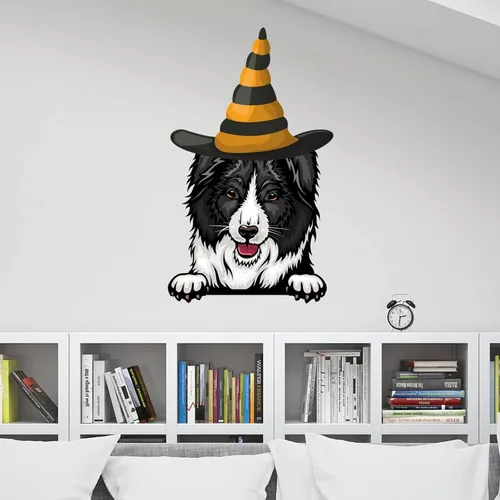 Vista 4 de Calcomanías de pared de Halloween, decoración de brujas, Border Collie, calcomanías de feliz Halloween, decoración de pared de Halloween, póster