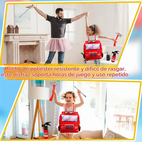 Vista 5 de Disfraz inflable de camión de bomberos de 6 piezas, incluye 1 casco de bombero, 4 accesorios de extinción de incendios para niños y niñas