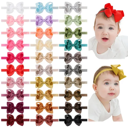 Vista 10 de jollybows 40 piezas Diademas con Lazos de Cinta Grosgrain para Bebés Niñas 4" Banda Elástica para el Cabello Accesorios para el Cabello para Bebés