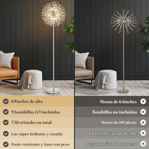 Vista 2 de BesLowe Lámpara de pie de cristal de 69 pulgadas para sala de estar, lámpara de pie moderna con 738 cristales K9, lámpara alta con poste de luz
