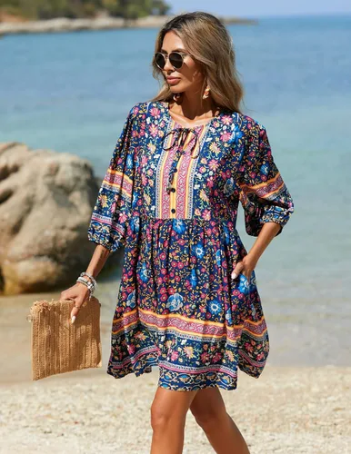 Vista 2 de Chigant Vestido de verano bohemio con cuello en V para mujer, casual, holgado, vintage, manga larga 34, vestidos de playa con bolsillos