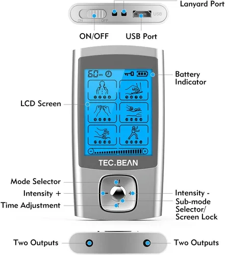 Vista 7 de Estimulador muscular de unidad TENS de 24 modos, máquina TENS recargable con 8 almohadillas de electrodo (gel americano), masajeador eléctrico