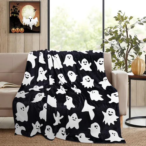 Vista 5 de Metawu Manta de Halloween de fantasma, mantas para niños para mujeres, decoraciones de Halloween, mantas de franela para cama, sofá, manta de viaje