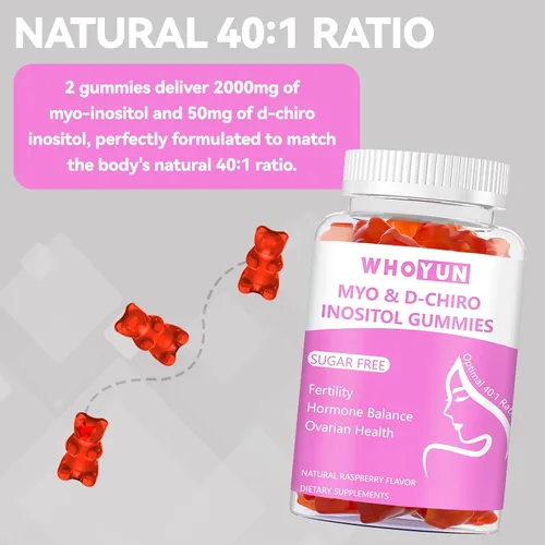 Vista 3 de Gomitas de inositol sin azúcar, mio-inositol y D-chiro inositol suplemento de proporción 40:1 para mujeres, fertilidad, equilibrio hormonal, salud