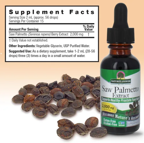 Vista 3 de Nature's Answer Extracto de bayas de palma enana americana sin alcohol, 1 onza líquida Apoyo de próstata Salud urinaria natural Promueve