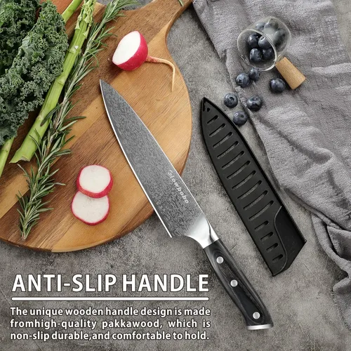 Vista 5 de Cuchillo de chef de 8 pulgadas, cuchillo de cocina de acero inoxidable de alto carbono con afilador y protector de dedos, cuchillo de cocina