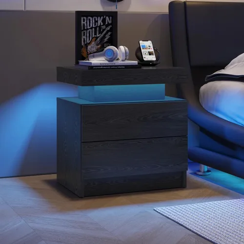 Vista 20 de Juego de 2 mesitas de noche LED negras, juego de 2 mesitas de noche modernas con 2 cajones, mesa auxiliar con luces LED para dormitorio, sala