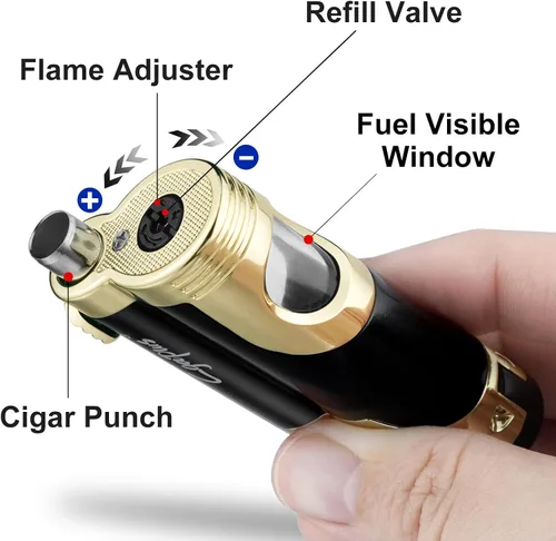 Vista 7 de GUEVARA Encendedor de Antorcha de Butano con Punzón a Prueba de Viento de Doble Chorro (Negro-Dorado) Dual jet flame, windproof, butane refillable