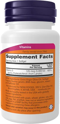 Vista 2 de Now Supplements, Vitamina D3 5,000 UI, Alta Potencia, Soporte Estructural*, 30 cápsulas blandas