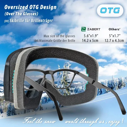 Vista 4 de Gafas de esquí OTG para usar sobre lentes, gafas de nieve y snowboard, para adultos, hombres, mujeres y jóvenes, antiempañamiento, 100% protección