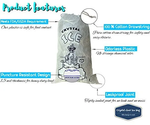 Vista 2 de Bolsas de hielo de plástico Crystal Clear con cordón de algodón, 10 lb., paquete de 100