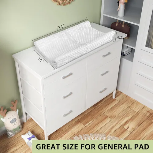 Vista 6 de BOLUO Cómoda blanca para dormitorio, 6 cajones, soporte de TV ancho para aparadores de TV de 50 pulgadas y cajoneras de tela para armario moderno