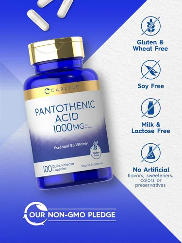 Vista 4 de Carlyle Vitamina B5 de ácido pantoténico 1000 mg 100 cápsulas Suplemento sin OMG, sin gluten