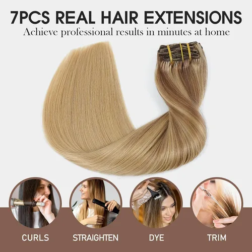 Vista 61 de VINBAO Extensiones de cabello humano con clip, balayage, color marrón ceniza a rubio caramelo, 14 pulgadas, 6 unidades, 3.53 onzas, 6
