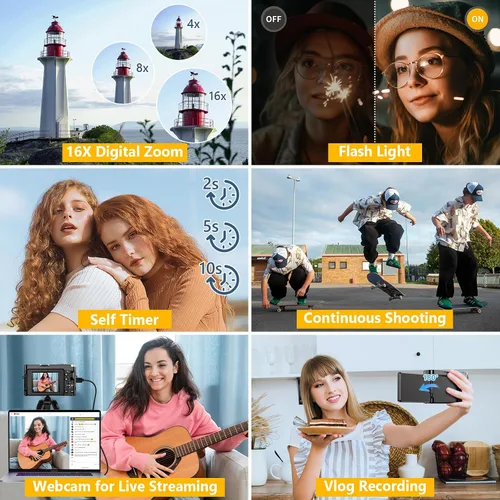 Vista 6 de Cámara digital 4K para enfoque automático de fotografía, cámara de vlogging WiFi mejorada de 64 MP para YouTube con pantalla abatible de 180° de 3