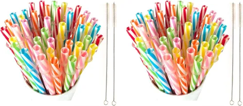 Vista 8 de 100 popotes reutilizables de plástico duro. Sin BPA, pajitas de 9 pulgadas de largo a rayas, diámetro exterior de 0.28 pulgadas