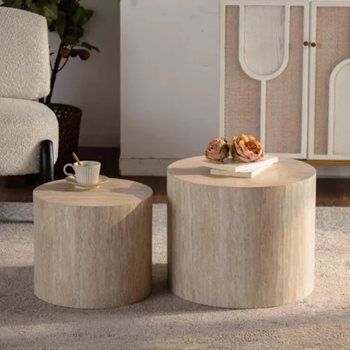 Vista 7 de Juego de 2 mesas de centro anidadas, modernas mesas de centro redondas de madera, mesa auxiliar decorativa para espacios pequeños, sala de estar