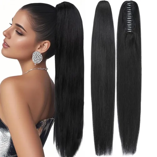 Vista 10 de Rich Choices Extensión de cola de caballo con clip de garra, cabello humano real, una pieza, extensiones de cabello largo Remy para mujer, #18P613