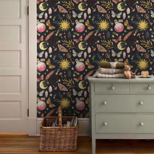 Vista 3 de Papel Tapiz Negro Azul Marino Fantástico Sueño Mágico Sol Luna Mariposa Hongos Estrellas de Cristal para Despegar y Pegar Papel de Contacto Adhesivo
