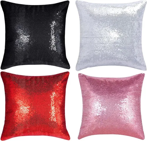 Vista 9 de Juego de 4 fundas de almohada decorativas con lentejuelas negras cuadradas para silla, sofá, cama, dormitorio, sala de estar, decoración para bodas