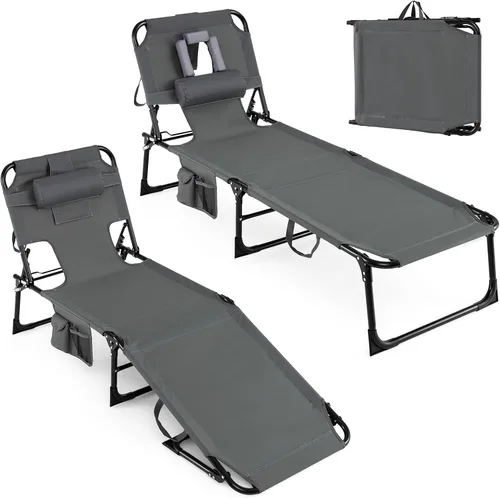 Vista 19 de Goplus Silla bronceadora, silla plegable ajustable para patio con orificio para la cara, almohada extraíble, 330 libras, correa de transporte, silla