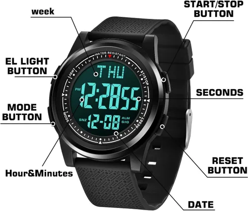 Vista 8 de NN BEN NEVIS Reloj digital para hombre, reloj digital con cronómetro, cuenta regresiva, alarma, doble hora, calendario, ultra fino, minimalista