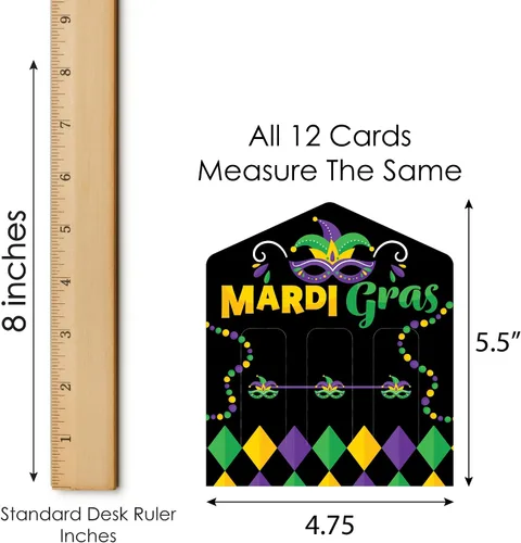 Vista 5 de Big Dot of Happiness Máscara colorida de Mardi Gras – Juego de tarjetas de pepinillo para fiesta de máscaras, pestañas de tracción 3 en una fila