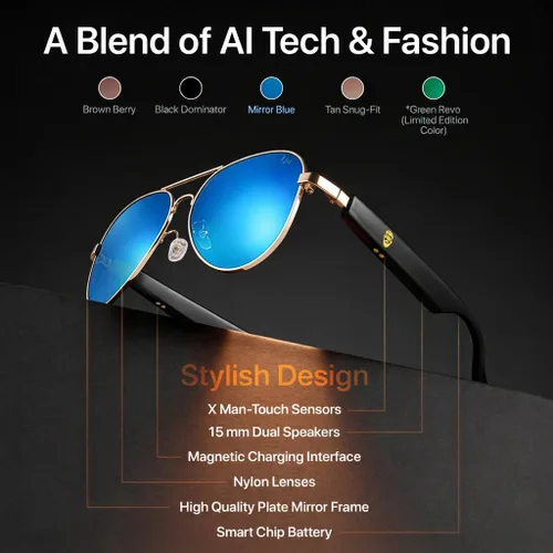 Vista 4 de ChatGPT - Lentes de sol polarizados con Bluetooth para hombre, con más de 170 idiomas, 99% de precisión, ligeros con protección UVA/B/C UV400