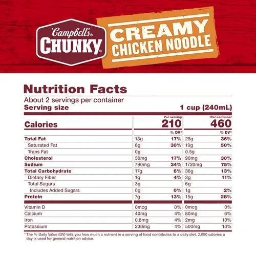 Vista 2 de Sopa Campbell's Chunky, Sopa Cremosa de Pollo con Fideos, Lata de 18.8 Oz