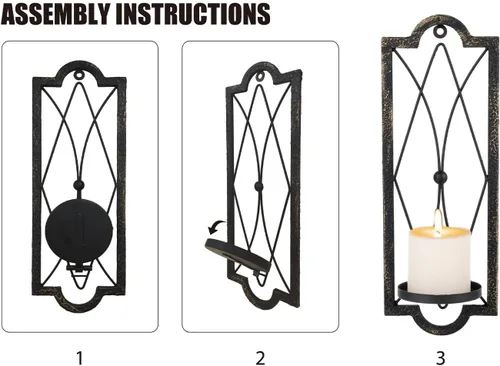 Vista 4 de Juego de 2 apliques de velas góticos - Portavelas de pared de metal dorado negro - Decoración rústica para el hogar