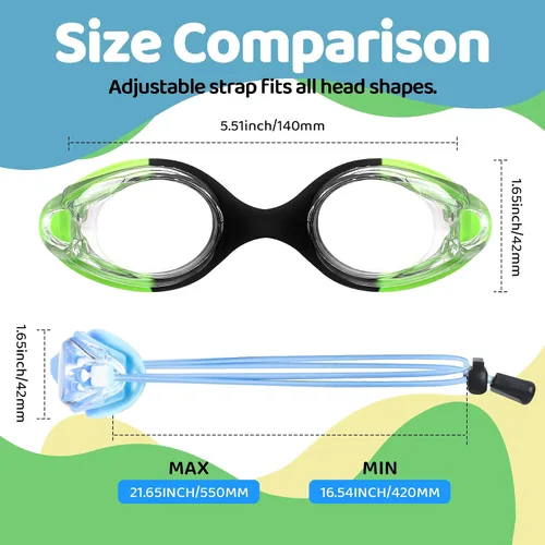 Vista 8 de Vvinca Kids Swim Goggles with Bungee Strap，Quick Adjust Kids Goggles 3-14