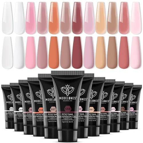 Vista 14 de Modelones - Juego de gel de extensión de uñas de polietileno, kit de gel de 12 colores con tonos rosa brillante y desnudo, para manicura francesa