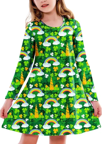 Vista 13 de Deerose Vestido de manga larga para niñas del día de San Patricio Mardi Gras, de 3 a 14 años Navidad café