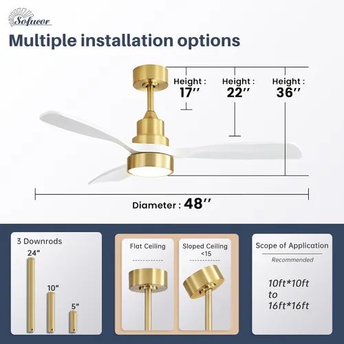 Vista 2 de Sofucor - Ventilador de techo inteligente de 48 pulgadas con luces y control remoto/APP, compatible con Alexa/Google, ventilador de techo de perfil