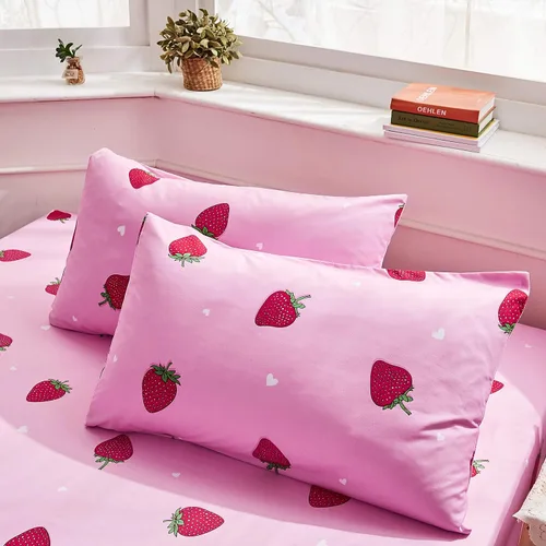 Vista 3 de LAMEJOR Juego de sábanas rosadas, tamaño individual, diseño de fresa roja Kawaii con bolsillos profundos de 14 pulgadas de profundidad, 4 piezas, 1