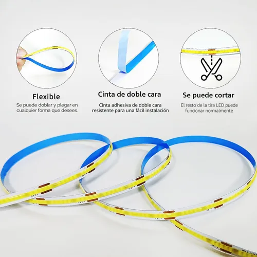Vista 6 de Tira de luces LED COB de 16.4 pies, 6000K Blanco, regulable, CC de 24 V, cinta LED flexible para dormitorio, con control remoto y aplicación, tira